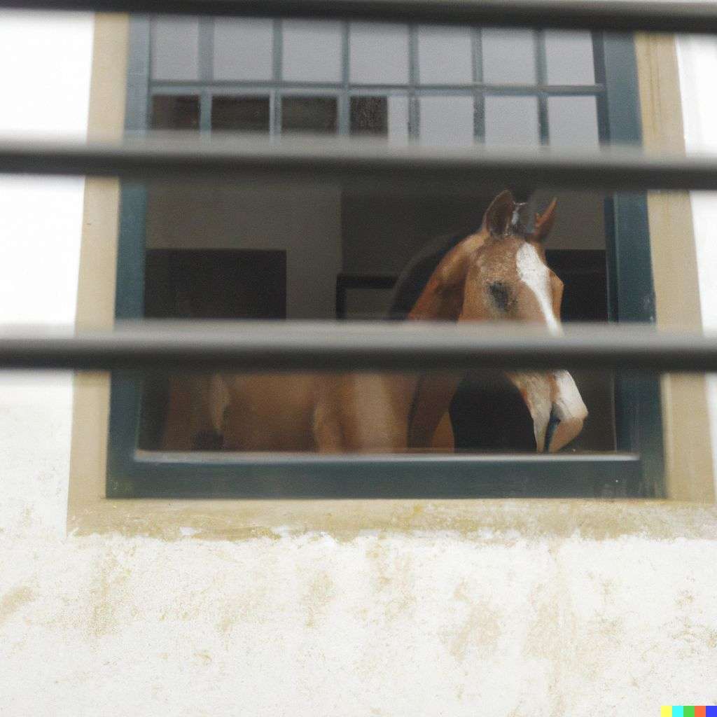 a photograph of a horse seen through a window